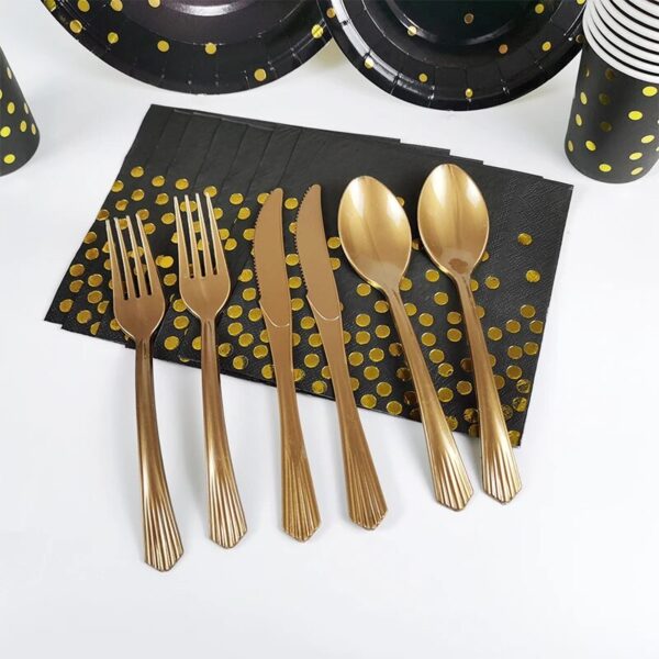 Black Gold Party Disposable Tableware Set Paper Cups Plates Straws Cake Stand Table Decoration Wedding Birthday 3