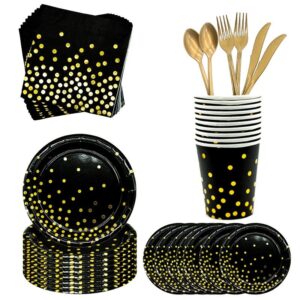 Black Gold Party Disposable Tableware Set Paper Cups Plates Straws Cake Stand Table Decoration Wedding Birthday