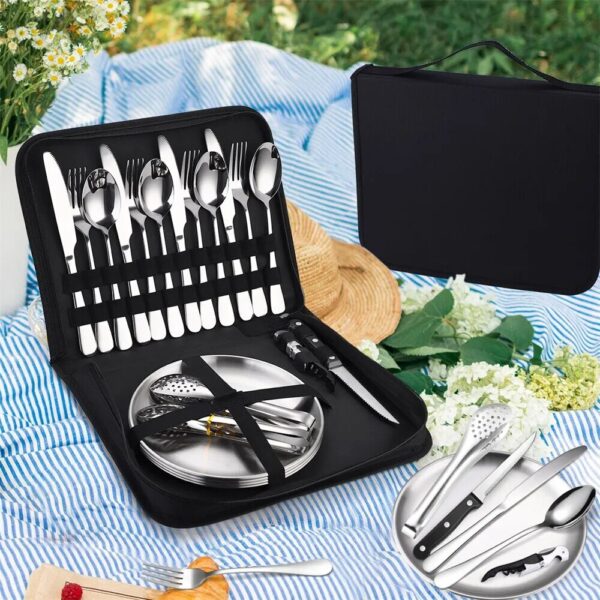 Camping Silverware Kit Cutlery Organizer Utensil Picnic Set Stainless Steel Plate Spoon Knife Fork Tongs Hiking 1