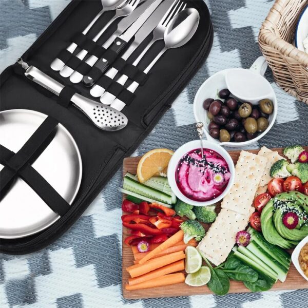 Camping Silverware Kit Cutlery Organizer Utensil Picnic Set Stainless Steel Plate Spoon Knife Fork Tongs Hiking 2