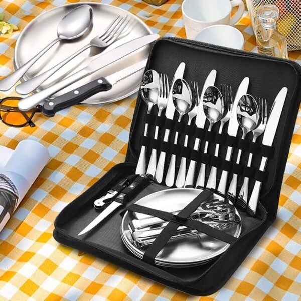 Camping Silverware Kit Cutlery Organizer Utensil Picnic Set Stainless Steel Plate Spoon Knife Fork Tongs Hiking 4