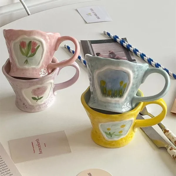 Ceramic coffee mug nordic flower kitchen breakfast drinking milk tea cup home decorative vintage heat resistant 1