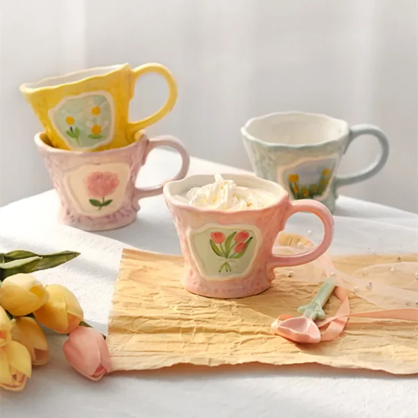 Ceramic coffee mug nordic flower kitchen breakfast drinking milk tea cup home decorative vintage heat resistant 2