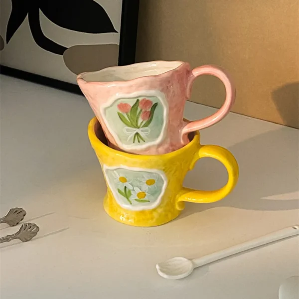 Ceramic coffee mug nordic flower kitchen breakfast drinking milk tea cup home decorative vintage heat resistant 3