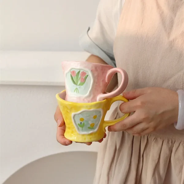 Ceramic coffee mug nordic flower kitchen breakfast drinking milk tea cup home decorative vintage heat resistant 5