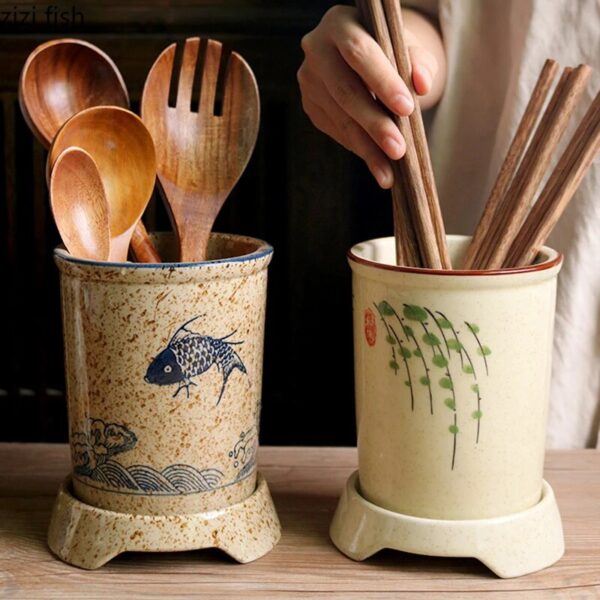 Ceramic Drain Chopstick Storage Holder Retro Chopstick Holder Simple Home Cutlery Knife Spoon Forks Storage Rack 2