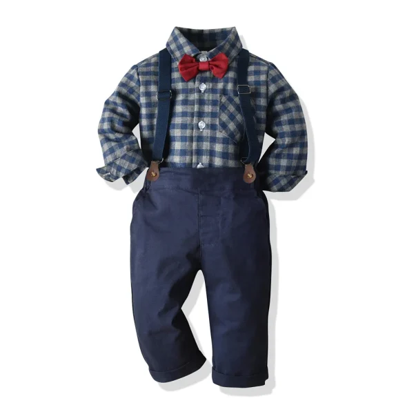 Children S Plaid Shirt And Strap Pants Set For Boys With Bow Tie Baby Boy Clothes