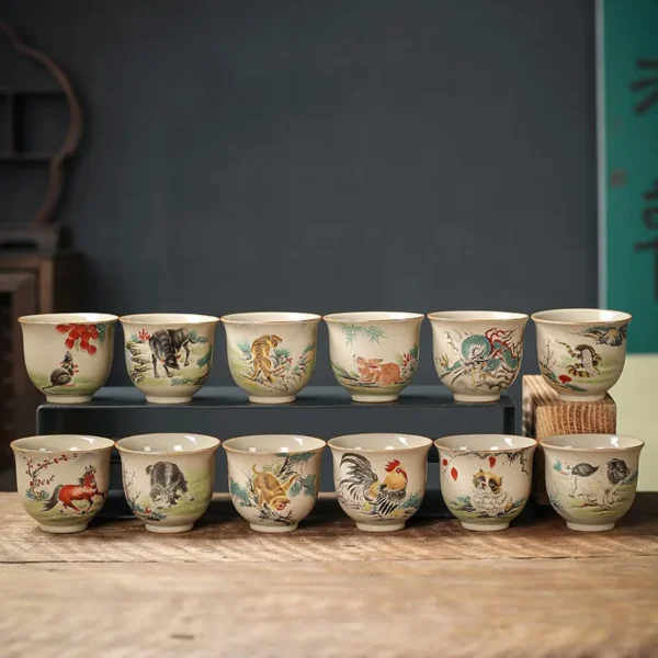 Chinese Ceramic Teaware Zodiac Tea Cups Vintage Pottery Ceremony Kungfu Teacups Tea Wine Mug Espresso Coffee