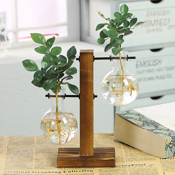 Creative Glass Desktop Planter Bulb Vase Wooden Stand Hydroponic Plant Container Home Tabletop Decor Vases 1