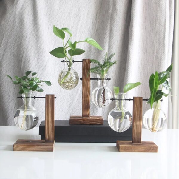 Creative Glass Desktop Planter Bulb Vase Wooden Stand Hydroponic Plant Container Home Tabletop Decor Vases 3