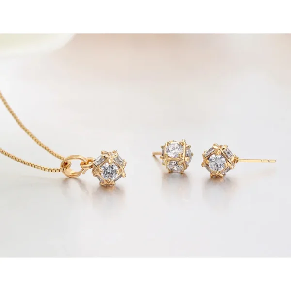 Cute Cz Stones Disco Ball Small Jewelry Set For Women Gold Color Charm Pendant Necklace Stud 1