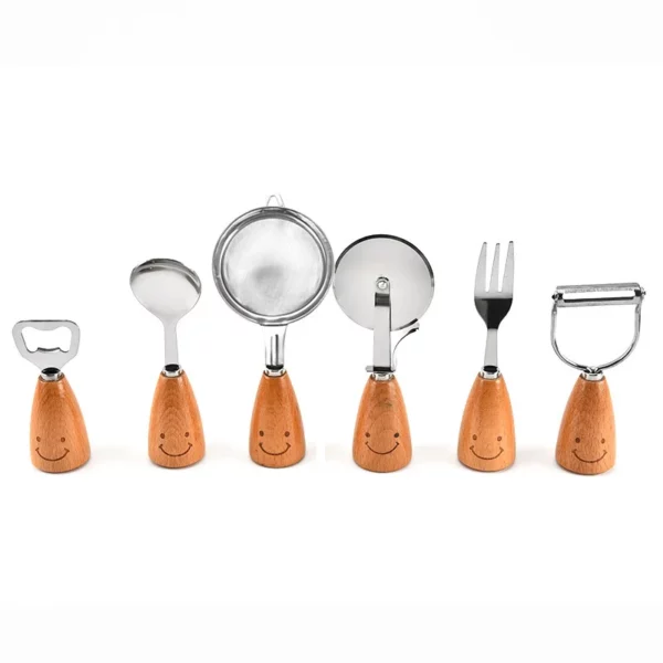 Cute Smile Tableware Wooden Handle Stainless Steel Fork Egg Division Scoops Peeler Spatula Skimmer Egg Brater 1