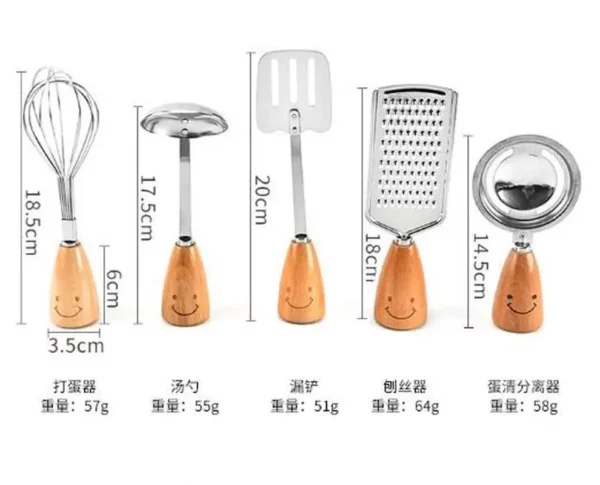 Cute Smile Tableware Wooden Handle Stainless Steel Fork Egg Division Scoops Peeler Spatula Skimmer Egg Brater 2