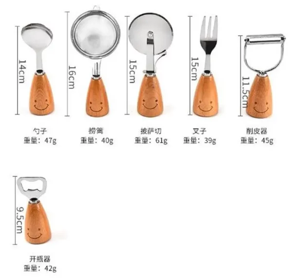 Cute Smile Tableware Wooden Handle Stainless Steel Fork Egg Division Scoops Peeler Spatula Skimmer Egg Brater 3