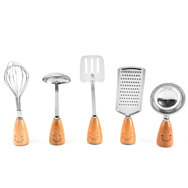 Cute Smile Tableware Wooden Handle Stainless Steel Fork Egg Division Scoops Peeler Spatula Skimmer Egg Brater