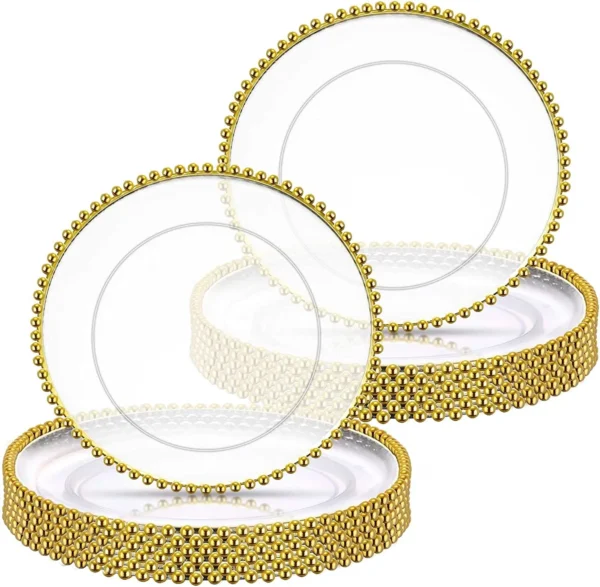 Decorative Service Plate With Clear Plastic And Gold Beads Rim For Tableware