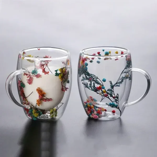 Double Wall Glass Cup Dried Flower Filling Tropical Resistant Handle Coffee Cup Tea Cup Milk Cup 2