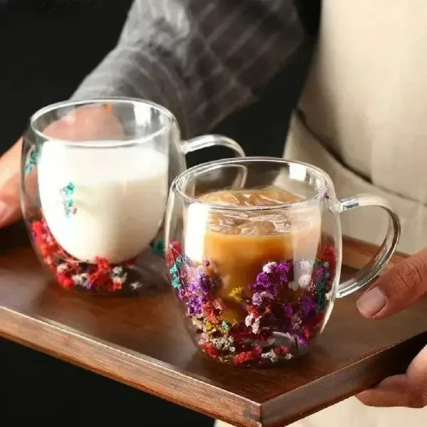 Double Wall Glass Cup Dried Flower Filling Tropical Resistant Handle Coffee Cup Tea Cup Milk Cup