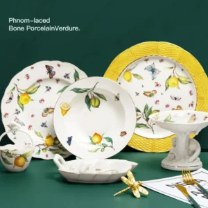 European Lemon Pattern Ceramic Plate Tableware Cutlery Dinnerware Set Dinner Dish Crockery Kitchen Cutlery Fruit Bowl