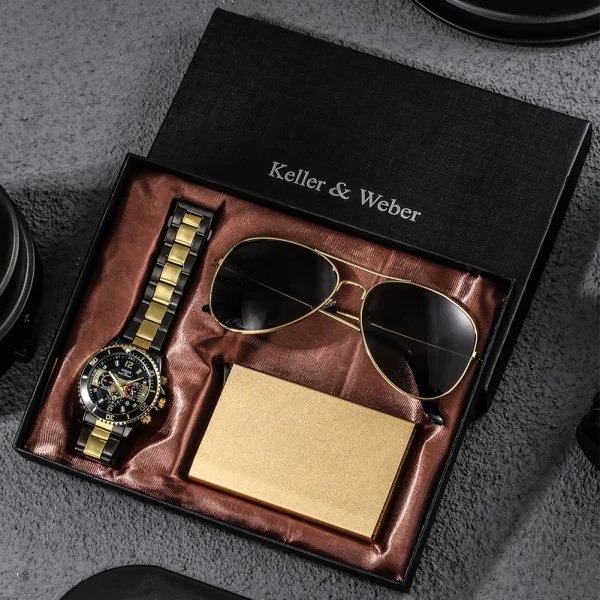 Fashion Mens Watch Luxury Business Quartz Watches Credit Card Box Sunglasses Set For Male Gifts For 1