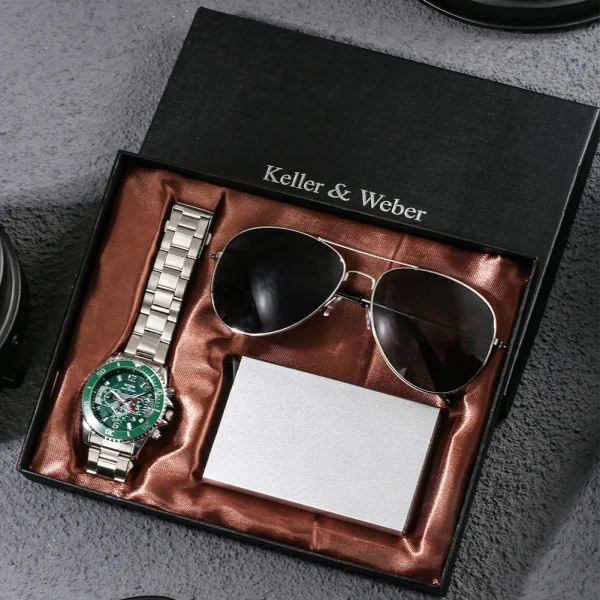 Fashion Mens Watch Luxury Business Quartz Watches Credit Card Box Sunglasses Set For Male Gifts For 2