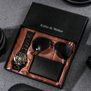 Fashion Mens Watch Luxury Business Quartz Watches Credit Card Box Sunglasses Set For Male Gifts For