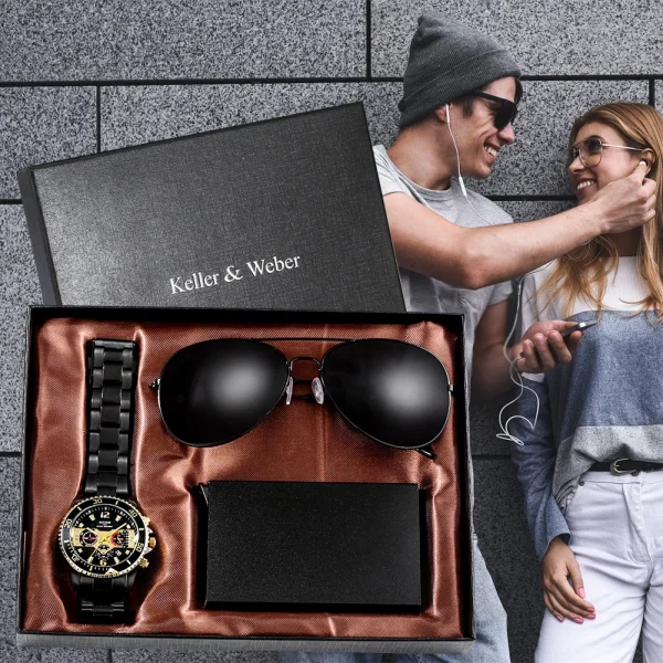 Fashion Mens Watch Luxury Business Quartz Watches Credit Card Box Sunglasses Set For Male Gifts For 4