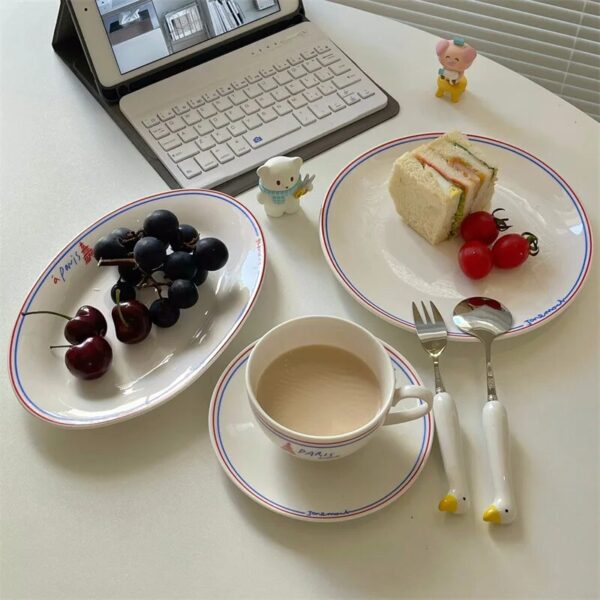 French Retro Red And Black With Lines Letter Ceramic Tableware Set Breakfast Plate Fish Plate Dessert 2