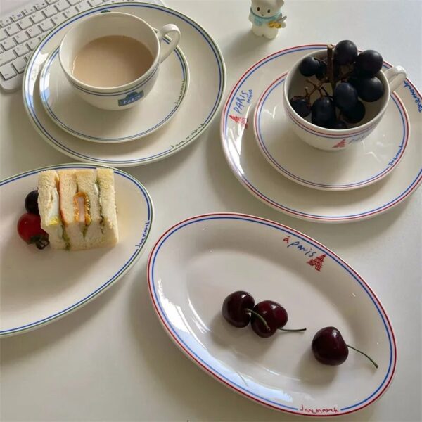 French Retro Red And Black With Lines Letter Ceramic Tableware Set Breakfast Plate Fish Plate Dessert