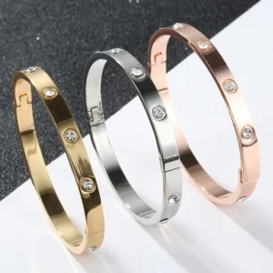 Gold Plating Lover Bracelets Bangles For Women Rose Gold Color Stainless Steel Charming Cz Cuff Bracelet