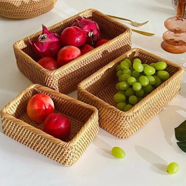 Handwoven Rectangular Rattan Wicker Basket Fruit Tea Snack Bread Picnic Cosmetic Storage Box Kitchen Supplies Household 1