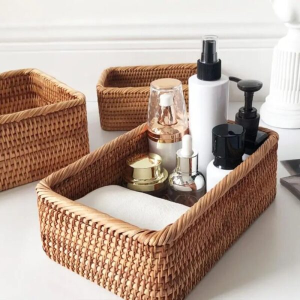 Handwoven Rectangular Rattan Wicker Basket Fruit Tea Snack Bread Picnic Cosmetic Storage Box Kitchen Supplies Household