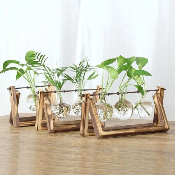 Hydroponic Plant Vases Glass Vase Vintage Bonsai Flower Pot Terrarium Tabletop Tray Wooden Frame Home Decor 2