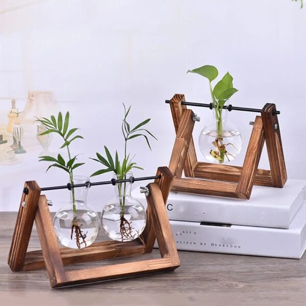 Hydroponic Plant Vases Glass Vase Vintage Bonsai Flower Pot Terrarium Tabletop Tray Wooden Frame Home Decor 3