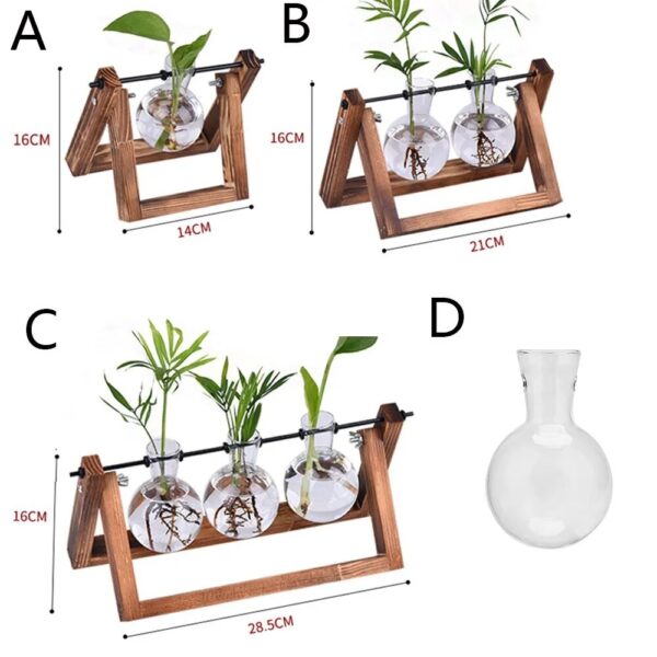 Hydroponic Plant Vases Glass Vase Vintage Bonsai Flower Pot Terrarium Tabletop Tray Wooden Frame Home Decor 4