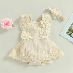 Infant Baby Girl Summer Romper Floral Lace Embroidery Romper Dress Straps Sleeveless Sweet Triangle Bottom Jumpsuit