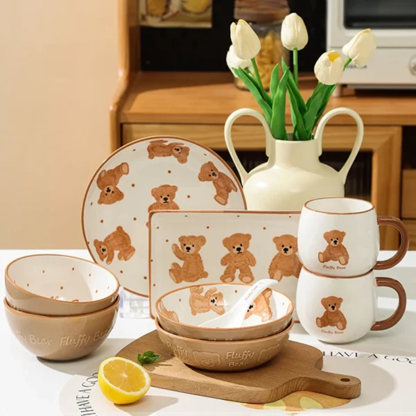 Lovely Bear Dinnerware Ceramic Dinner Plate Rice Soup Bowl Rectangle Sushi Plate Milk Mug Spoon Microwave 1