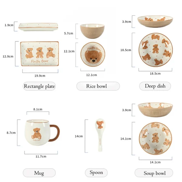 Lovely Bear Dinnerware Ceramic Dinner Plate Rice Soup Bowl Rectangle Sushi Plate Milk Mug Spoon Microwave 2