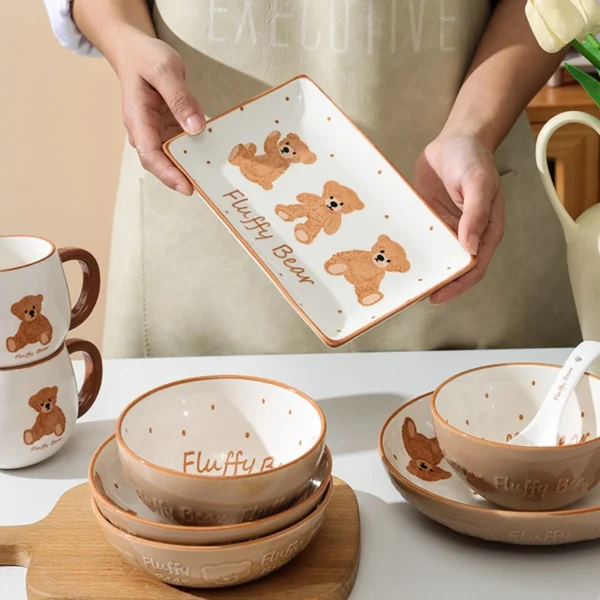 Lovely Bear Dinnerware Ceramic Dinner Plate Rice Soup Bowl Rectangle Sushi Plate Milk Mug Spoon Microwave 3