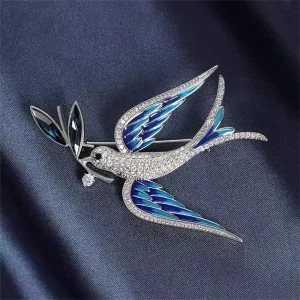 Luxury Blue Swallow Bird Brooches For Women Anti Glare Crystal Inlaid Rhinestone Fashion Brooch Pins Jewelry