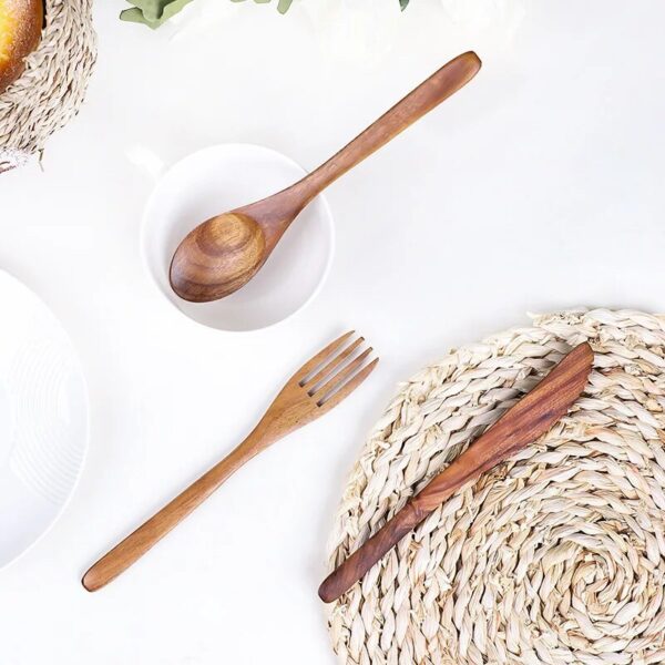 Natural Wood Cutlery Knife Fork And Spoon Suit Dessert Cake Fork Spoon Reusable Wooden Tableware Set 1