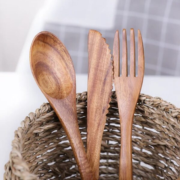 Natural Wood Cutlery Knife Fork And Spoon Suit Dessert Cake Fork Spoon Reusable Wooden Tableware Set 2