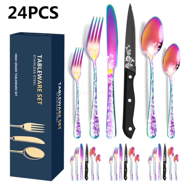 New 24pcs Explosive Pattern Stainless Steel Cutlery Set Luxury Western Steak Dinnerware Set Knife Fork Spoon 5