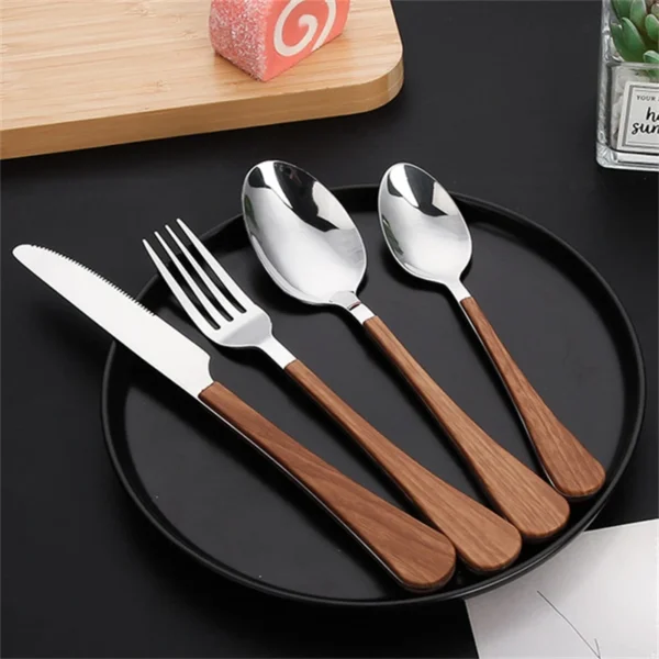 New Stainless Steel Cutlery Set With Imitation Wooden Handle Western Household Spoon Knife Fork Dinnerware Kitchen 1