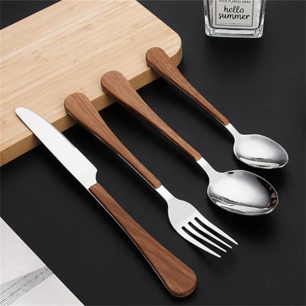 New Stainless Steel Cutlery Set With Imitation Wooden Handle Western Household Spoon Knife Fork Dinnerware Kitchen 2