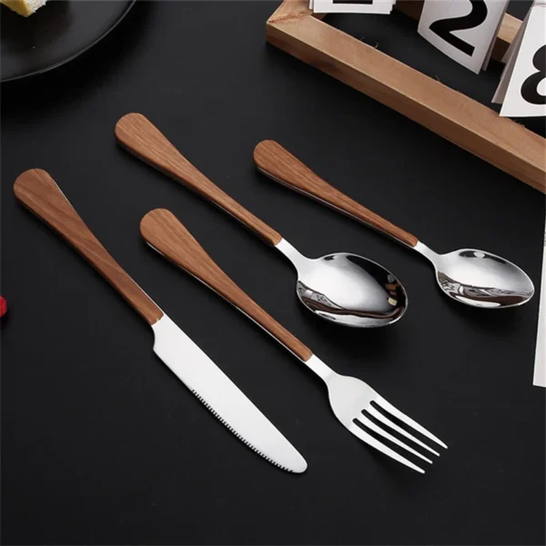 New Stainless Steel Cutlery Set With Imitation Wooden Handle Western Household Spoon Knife Fork Dinnerware Kitchen 3