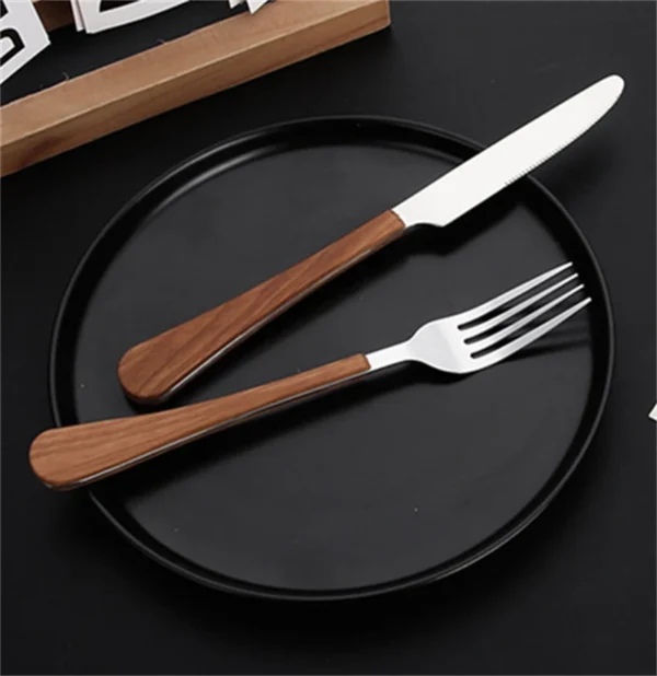 New Stainless Steel Cutlery Set With Imitation Wooden Handle Western Household Spoon Knife Fork Dinnerware Kitchen 4