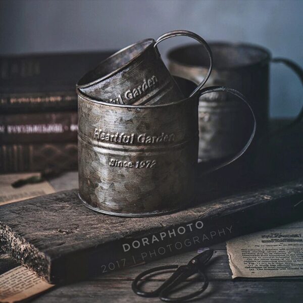 Photography Props Retro Handle Cup Drinkware Wrought Iron Flower Bucket Vintage English Printing Home Decor Gourmet 4