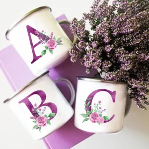 Purple Letter Print Mugs Creative Coffee Wine Cups Drinks Milk Cup Vintage Enamel Mugs Handle Drinkware