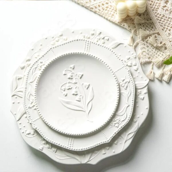 Relief Style Plate Valley Lily Pattern Dinner Plates European Style Solid Color Tableware Steak Pasta Dishes